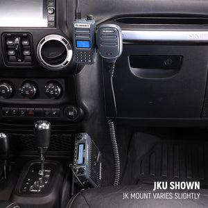 Rugged Radios G4 GMRS mobile radio kit installed in a Jeep Wrangler JK interior with radio mount