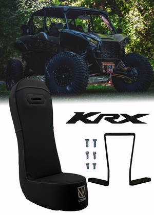 Kawasaki KRX 4 rear bump seat by UTV Mountain Accessories, shown with mounting bracket and logo for 2023+ models.