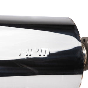 RPM KRX 1000 slip-on muffler in polished stainless steel with TIG welds, deep tone, built-in baffle, and spark arrestor function.