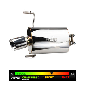 RPM KRX 1000 slip-on muffler in polished stainless steel with TIG welds, deep tone, built-in baffle, and spark arrestor function.