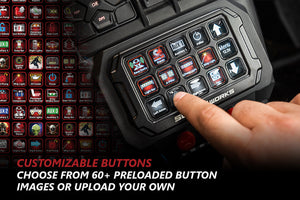 Control device with customizable buttons and a hand pressing a button, against a dark background.
