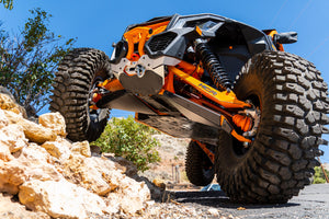 HCR Racing UHMW skid plates designed for 72" Can-Am X3 suspension kits and trailing arms with superior wear and impact resistance