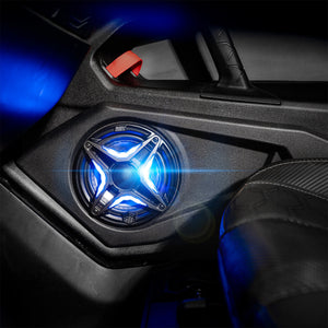 SSV Works V6 6.5-inch weatherproof RGB speakers shown in a Can-Am Maverick R audio install, example UTV fitment