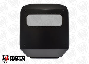 Low-profile Moto Armor Fast Back Aluminum Roof with sunroof and rear spoiler for Polaris RZR XP 1000, Turbo, and 900 UTVs.