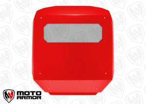 Low-profile Moto Armor Fast Back Aluminum Roof with sunroof and rear spoiler for Polaris RZR XP 1000, Turbo, and 900 UTVs.
