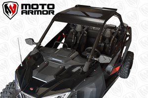 Black aluminum roof with sunroof and rear spoiler for Polaris RZR PRO XP 2 and Turbo R 2 seat UTV, includes hardware and low-profile fit