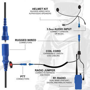 Rugged Radios RACE SERIES moto kit helmet speakers, flex mic boom and 3.5mm earbud jack with R1 radio