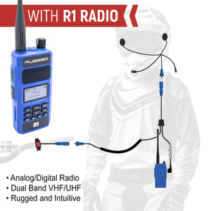 Rugged Radios RACE SERIES motorcycle harness and radio jumper connecting the R1 handheld radio