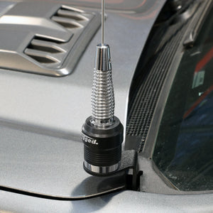 Rugged Radios antenna mount bolted to the A-pillar of a 2024 Ford Ranger holding a GMRS antenna