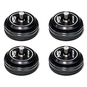 MTS Fox Shock Schrader Reservoir Caps for 2.5 Fox shocks, off-road vehicle suspension accessory, black metal with branding details.