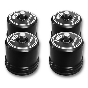 MTS Off-Road Fox 2.5 high volume reservoir caps for shocks, black metal with branding and extended design for off-road vehicles