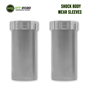 MTS Off-Road shock wear sleeve kit with crossover rings attached to a suspension shock body for off-road vehicle protection