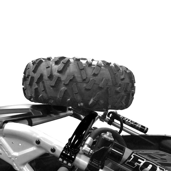 Steel above-the-roof spare tire mount for Can-Am Maverick X3, textured black powder coat, fits stock front wheel and tire