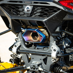 Blued and black stainless steel exhaust tips for Maverick R, high-heat resistant with OEM fit for spark arrestor compatibility.