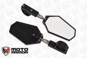 Moto Armor Billet Convex Mirrors with breakaway design, wide-view glass, and clamps fitting 1.75" to 2" round tubing on UTV roll cages.