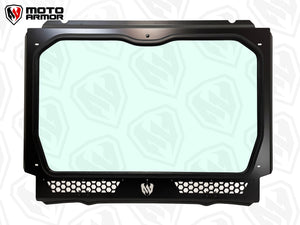Full Moto Armor glass windshield with dual vents, black aluminum frame, and manual wiper for Polaris RZR PRO XP, Turbo R, Pro R 2-seat UTVs