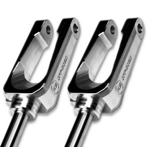 Pair of MTS Off-Road Pro R / Turbo R upgraded front shock shafts and forks for off-road vehicles.