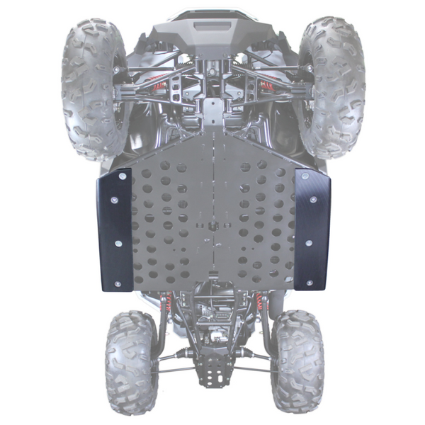 Side view of tough UHMW rock sliders installed on Polaris RZR 200, shielding rocker panels on rugged off-road trail ride