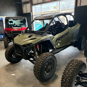 Bent Metal Off-Road Polaris RZR Pro XP Pro S 2025+ glass windshield installed on the side of the off-road vehicle.