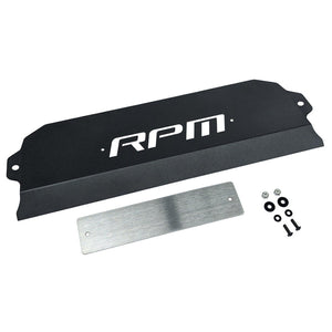 RPM rear fascia delete shield for Polaris RZR Pro XP, Pro S, and Turbo R, includes silver backing plate and muffler mount plugs.