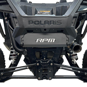 RPM rear fascia delete shield for Polaris RZR Pro XP, Pro S, and Turbo R, includes silver backing plate and muffler mount plugs.