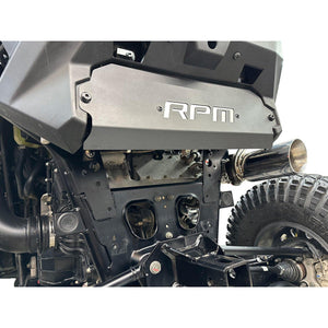 RPM rear fascia delete shield for Polaris RZR Pro XP, Pro S, and Turbo R, includes silver backing plate and muffler mount plugs.