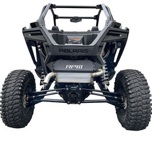 RPM rear fascia delete shield for Polaris RZR Pro XP, Pro S, and Turbo R, includes silver backing plate and muffler mount plugs.