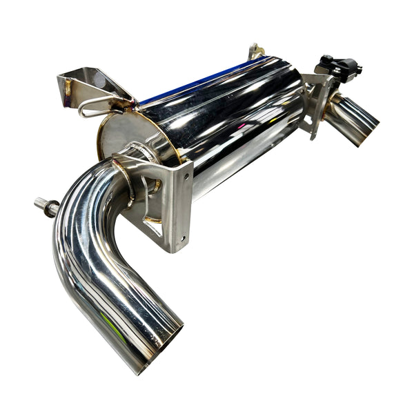 RPM E-Valve dual tip muffler for 2020–2025 RZR PRO XP and Turbo R, adjustable exhaust tone, plug-and-play install