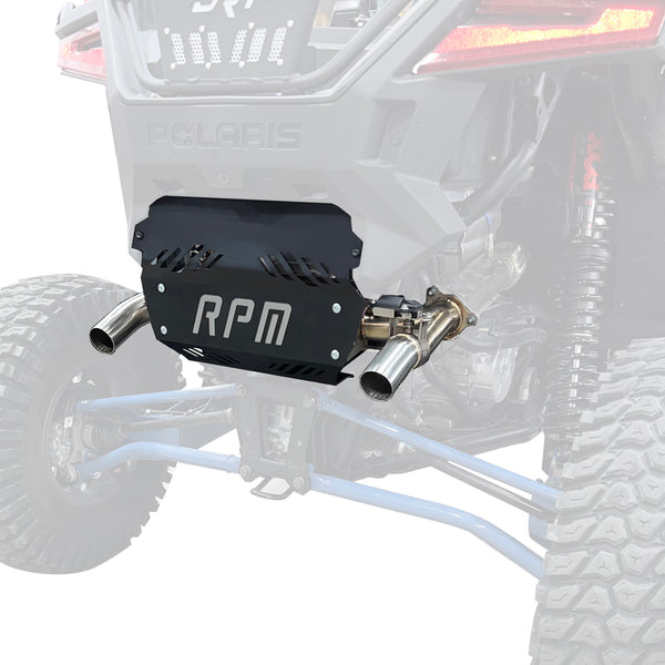 RPM E-Valve dual tip muffler for 2020–2025 RZR PRO XP and Turbo R, adjustable exhaust tone, plug-and-play install