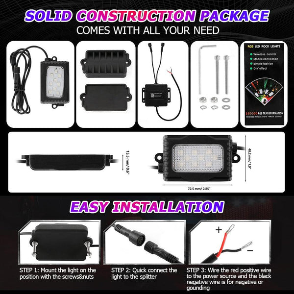 Magic Dream Color RGB LED Rock Lights Kit with Bluetooth APP Control, Multicolor Chasing Neon Underglow Lights for ATV UTV - Dunes 2 Dezert SXS