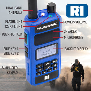 Rugged Radios R1 digital and analog business band handheld radio included in the RACE SERIES moto kit