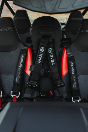 UTV Mountain Accessories RZR 1000 2-Seat Front Bump Seat for 2024-2025 models, showcasing black padded seats with safety harnesses.