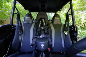 Front bump seat for Kawasaki KRX 1000 kids' UTV, UTV Mountain Accessories, showing the padded safety seat with mounting hardware.