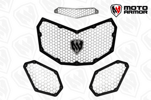 Moto Armor radiator grill set for 2017–2024 Can-Am Maverick X3 models, crafted from thick aluminum with honeycomb design for airflow and protection.