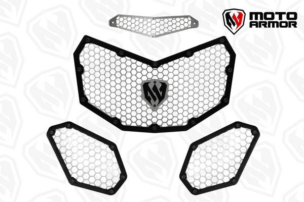 Moto Armor radiator grill set for 2017–2024 Can-Am Maverick X3 models, crafted from thick aluminum with honeycomb design for airflow and protection.