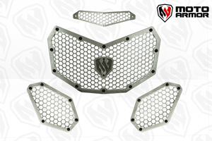 Moto Armor radiator grill set for 2017–2024 Can-Am Maverick X3 models, crafted from thick aluminum with honeycomb design for airflow and protection.