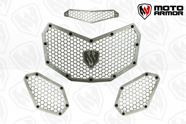Moto Armor radiator grill set for 2017–2024 Can-Am Maverick X3 models, crafted from thick aluminum with honeycomb design for airflow and protection.