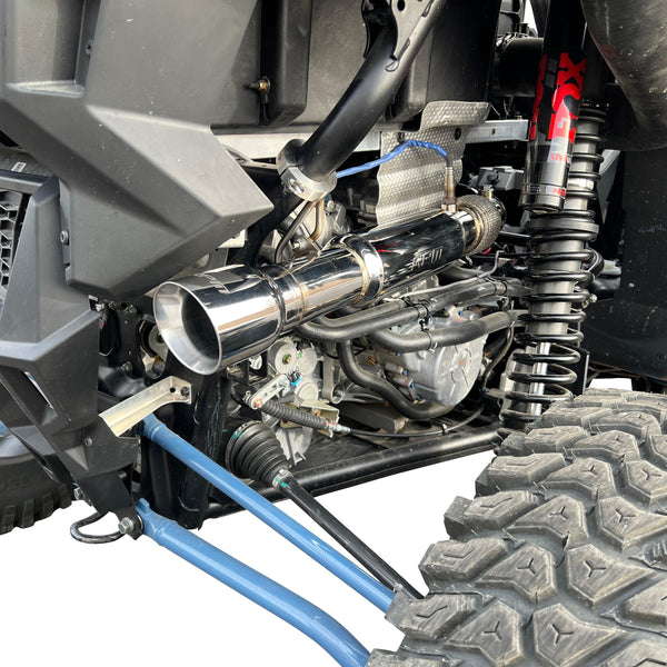 RPM 3-inch stainless steel full exhaust for RZR Turbo, with 12" muffler, dual O2 ports, and sporty turbo whistle tone.
