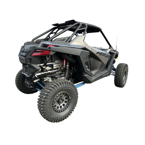 RPM 3-inch stainless steel full exhaust for RZR Turbo, with 12" muffler, dual O2 ports, and sporty turbo whistle tone.