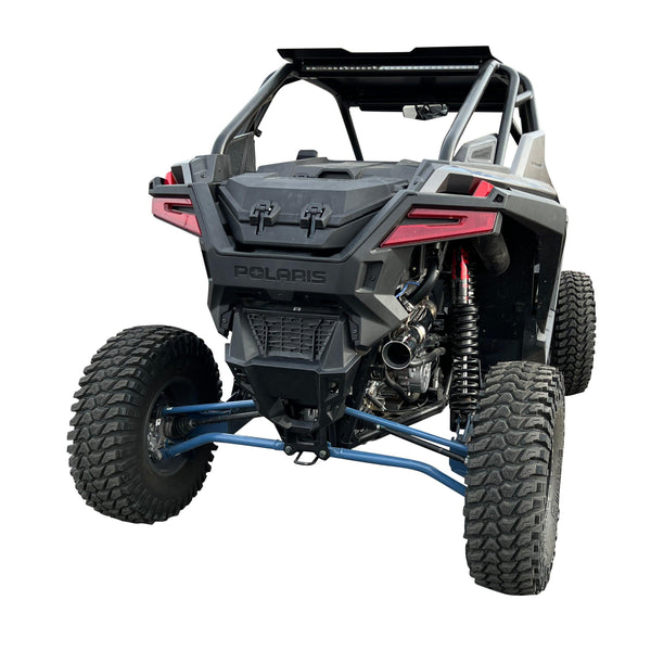 RPM 3-inch stainless steel full exhaust for RZR Turbo, with 12" muffler, dual O2 ports, and sporty turbo whistle tone.