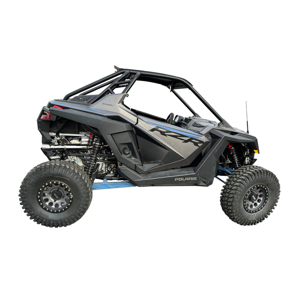 RPM 3-inch stainless steel full exhaust for RZR Turbo, with 12" muffler, dual O2 ports, and sporty turbo whistle tone.