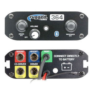 Back view of the Rugged Radios RRP364 Bluetooth intercom showing power, radio and expansion connections