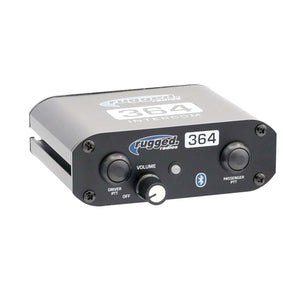 Front of the Rugged Radios RRP364 Bluetooth intercom with master volume control and headset ports
