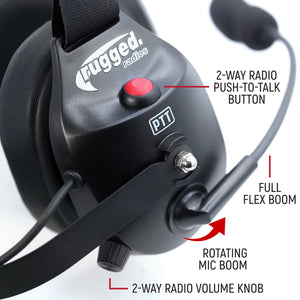 Rugged Radios Bluetooth headset feature callouts for passive noise reduction and 10 hour standby battery