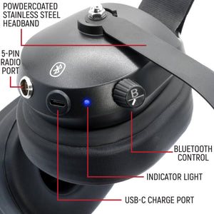 Rugged Radios Bluetooth radio headset features showing one-touch call control and USB-C charging port