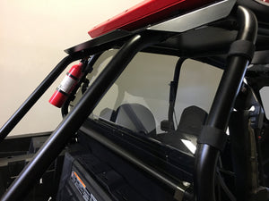 Dark tinted polycarbonate rear window for RZR XP 1000 and Turbo models with quick strap install and removable harness access panels