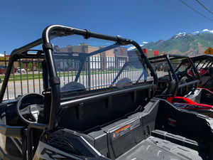 Rear 1/4" thick polycarbonate window for RZR 900 (2015–2020) with billet mounts and bottom rubber seal for custom secure fit