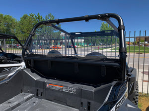 Rear 1/4" thick polycarbonate window for RZR 900 (2015–2020) with billet mounts and bottom rubber seal for custom secure fit