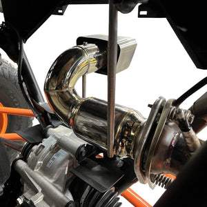 RPM 3-inch race pipe for Polaris RZR Pro R with lightweight muffler, TIG welds, and precision-fitted 3" trapezoidal exhaust tip.