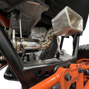 RPM 3-inch race pipe for Polaris RZR Pro R with lightweight muffler, TIG welds, and precision-fitted 3" trapezoidal exhaust tip.